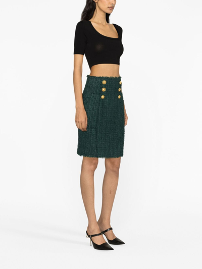 Balmain Tweed Double-breasted Pencil Skirt In Green