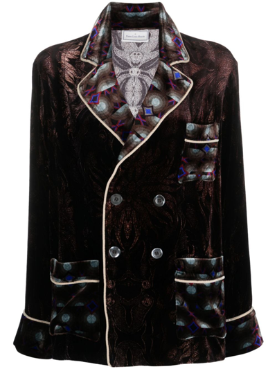 Shop Pierre-louis Mascia Graphic-print Double-breasted Blazer In Brown