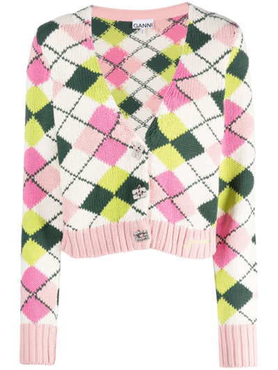 Shop Ganni Argyle-knit Cardigan In Pink