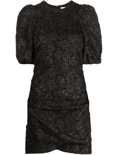 Shop Ganni Patterned Floral-print Short Puff-sleeves Dress In Black