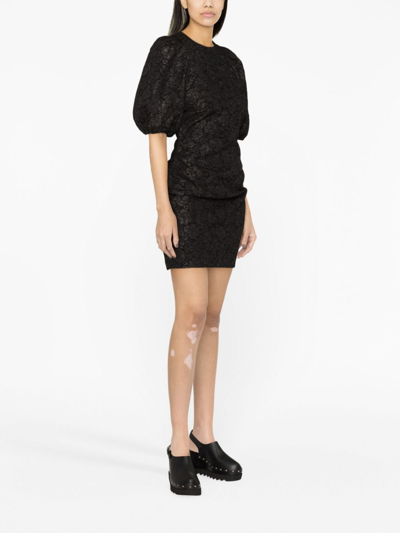 Shop Ganni Patterned Floral-print Short Puff-sleeves Dress In Black