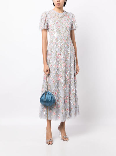 Shop Needle & Thread Athena Floral-embroidered Midi Dress In Blue