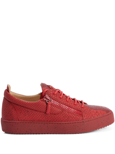 Shop Giuseppe Zanotti Frankie Snakeskin-effect Low-top Leather Sneakers In Red