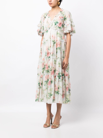 Shop Needle & Thread Harlequin Floral-print Long-dress In White