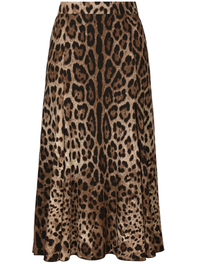 Dolce & Gabbana Leopard-print Stretch-crepe Midi Skirt In Brown