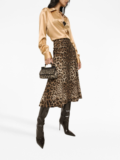 Dolce & Gabbana Leopard-print Stretch-crepe Midi Skirt In Brown