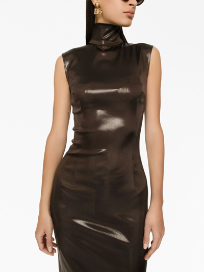 Dolce & Gabbana Coated High-neck Midi Dress In Brown