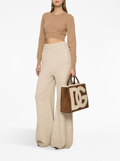 Dolce & Gabbana Cashmere And Wool Cropped Knit Crewneck In Brown