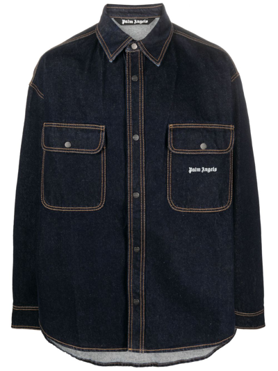 Shop Palm Angels Logo-embroidered Denim Shirt In Blau