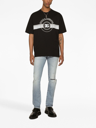 Dolce & Gabbana Black Cotton T-shirt With Large Interlocking Logo Print In Black