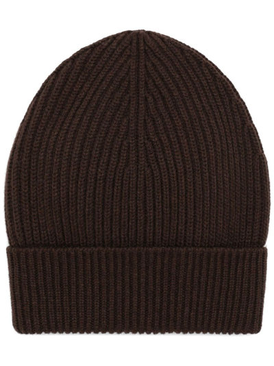 Shop Dolce & Gabbana Ribbed-knit Turn-up Beanie In Brown