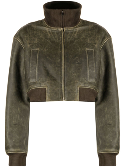 Shop Manokhi Cropped Leather Jacket In Grün