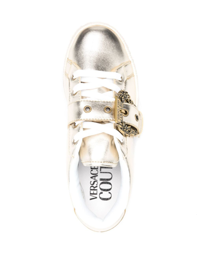 Shop Versace Jeans Couture Logo-buckle Leather Sneakers In Gold