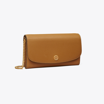 Shop Tory Burch Robinson Pebbled Chain Wallet In Tiger's Eye