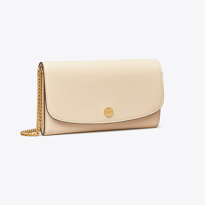 Shop Tory Burch Robinson Pebbled Chain Wallet In New Cream