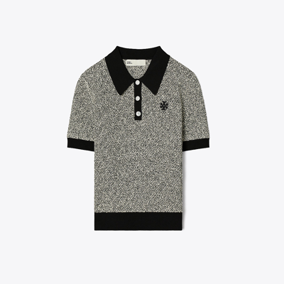 Shop Tory Burch Speckled Knit Polo In Speckled Black