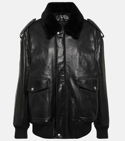 Prada Leather Bomber Jacket In Black