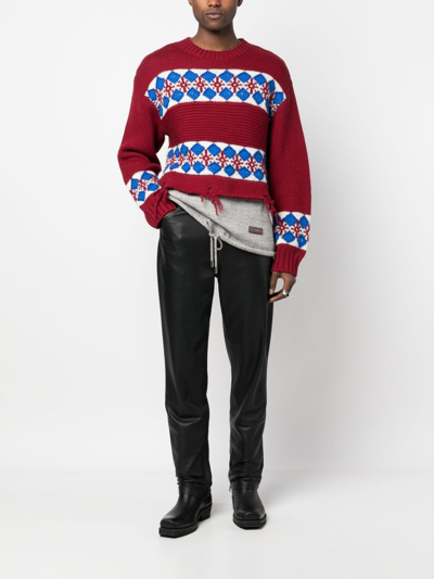 Dsquared2 Jacquard Hybrid Canadian Sweater With Distressed Detail In Red