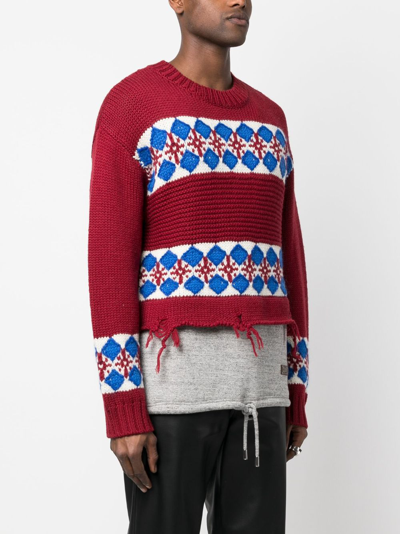 Dsquared2 Jacquard Hybrid Canadian Sweater With Distressed Detail In Red