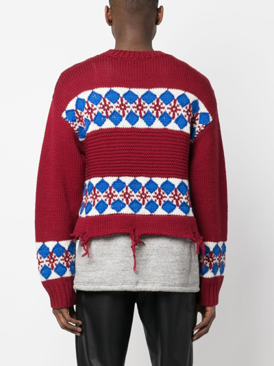 Dsquared2 Jacquard Hybrid Canadian Sweater With Distressed Detail In Red