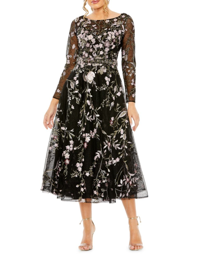 Shop Mac Duggal Women's Embroidered Floral Tulle Midi Dress In Black