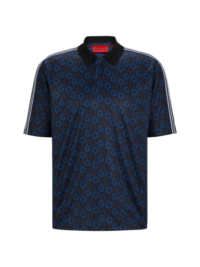 Shop Hugo Men's Relaxed-fit Polo Shirt With Printed Monograms In Dark Blue