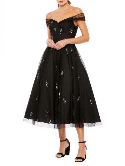 Shop Mac Duggal Women's Embellished Off-the-shoulder Midi-dress In Black