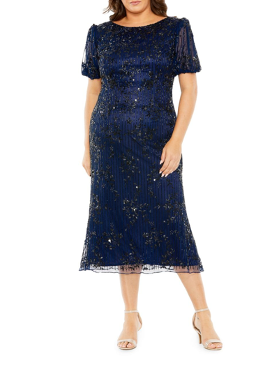 Shop Mac Duggal Women's Embellished Tulle Puff-sleeve Midi-dress In Midnight
