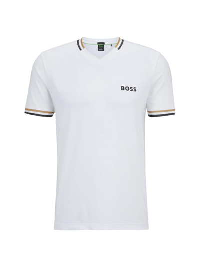 Shop Hugo Boss Men's Boss X Matteo Berrettini Slim-fit T-shirt With Signature Stripes In White