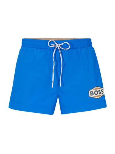 Shop Hugo Boss Men's Quick-drying Swim Shorts With Logo Details In Blue