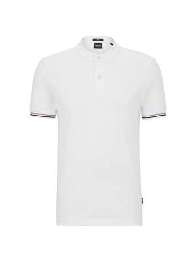 Shop Hugo Boss Men's Collarless Slim-fit Polo Shirt In Cotton Piqué In White