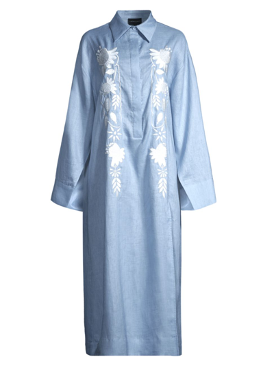 Shop Cynthia Rowley Women's Floral Embroidered Hemp Long Shirtdress In Blue