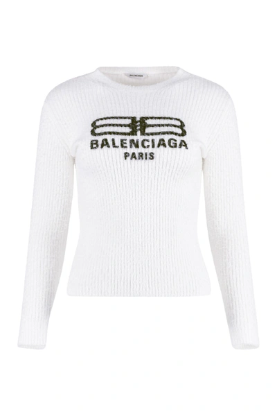 Shop Balenciaga Long Sleeve Crew-neck Sweater In White