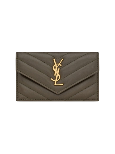 Shop Saint Laurent Women's Cassandre Matelasse Fragments Flap Card Case In Quilted Lambskin In Green