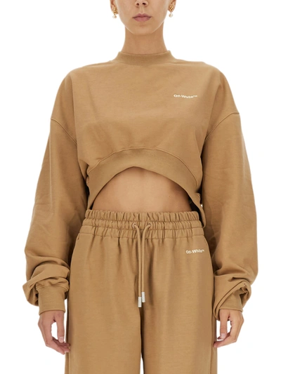 Shop Off-white Cropped Sweatshirt With Logo In Marrone
