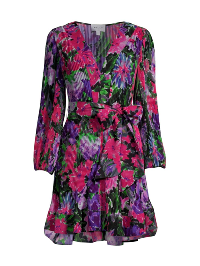 Shop Milly Women's Liv Belted Floral Pleated Minidress In Purple Multi