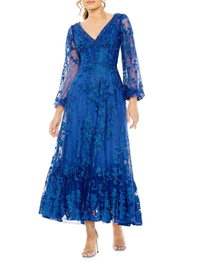 Shop Mac Duggal Women's Embroidered Floral Puff-sleeve Gown In Royal