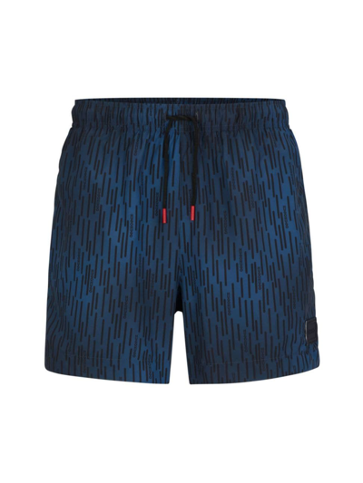 Shop Hugo Men's Quick-drying Swim Shorts With Signature Print In Dark Blue