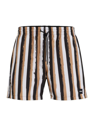 Shop Hugo Boss Men's Striped Swim Shorts In Quick-drying Fabric In Beige