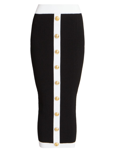 Shop Balmain Women's Rib-knit Buttoned Midi-skirt In Black White