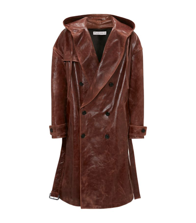 Shop Jw Anderson Leather Hooded Trench Coat In Brown