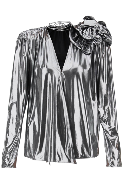 Shop Magda Butrym Jersey Blouse With Rose Applique In Silver,metallic