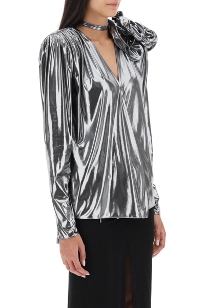 Shop Magda Butrym Jersey Blouse With Rose Applique In Silver,metallic