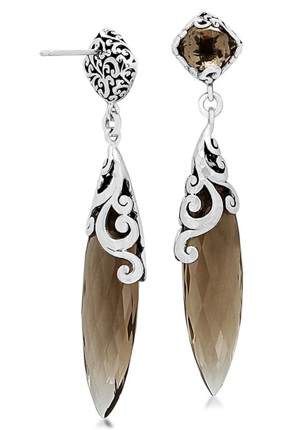 Shop Lois Hill Sterling Silver Scroll Smoky Quartz Drop Earrings In Dark Brown / Silver