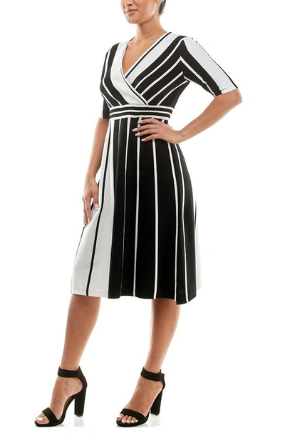 Nina Leonard Stripe Elbow Sleeve Sweater Dress In Blkivy