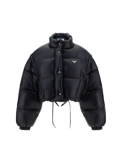 Prada Convertible Cropped Velvet Down Jacket In Nero