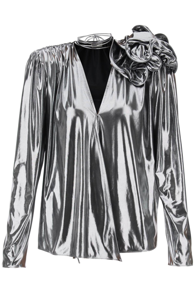 Shop Magda Butrym Jersey Blouse With Rose Applique In Silver (silver)