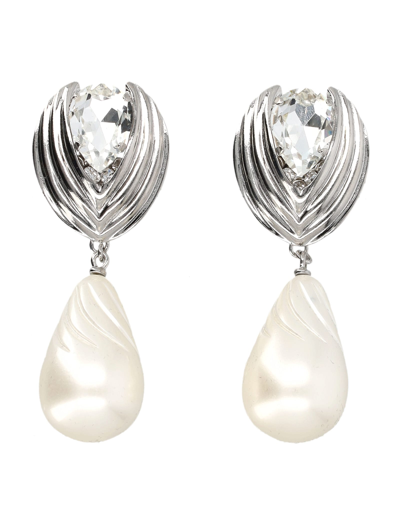Shop Alessandra Rich Crystal Earrings With Pendant Pearl In Cry Stilver