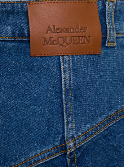 Shop Alexander Mcqueen Blue Mini-skirt With Pleated Detail At The Back In Stretch Cotton Denim Woman