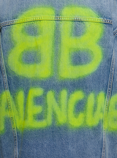 Shop Balenciaga Light Blue Oversized Jacket With Graffiti Logo In Cotton Denim Woman